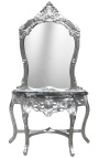Консоль с стиле барокко Серебряная деревянное зеркало и мрамор черный