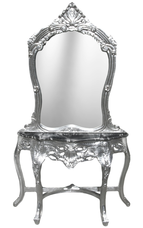 Consolă cu oglindă din lemn argintiu baroc și marmură neagră