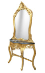 Consola com espelho estilo barroco em madeira dourada e mármore preto