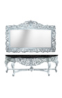 Consolă cu oglindă stil baroc din lemn argintiu și marmură neagră