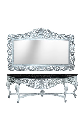 Consola enorme com espelho estilo barroco em madeira prateada e mármore preto
