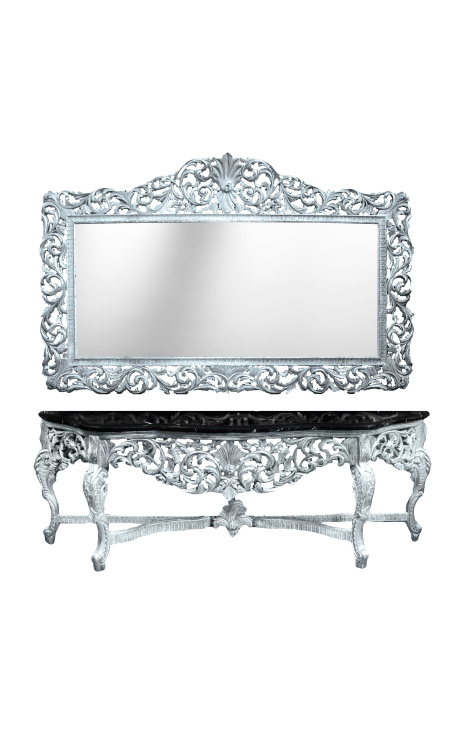 Konsolė su veidrodine baroko stiliaus sidabrine mediena ir juodu marmuru