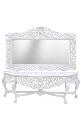 Didžiulė konsolė su baroko stiliaus veidrodžiu iš baltai lakuoto medžio ir balto marmuro