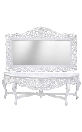Grande console con specchio in stile barocco in legno bianco laccato e marmo bianco