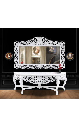 Enorme console avec miroir de style baroque en bois laqué blanc et grand miroir