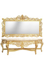 Consola enorme com espelho estilo barroco em madeira dourada e mármore bege
