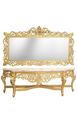 Consola molto grande con specchio in legno dorato barocco e marmo beige