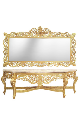 Zeer grote console met spiegel in barok verguld hout en beige marmer