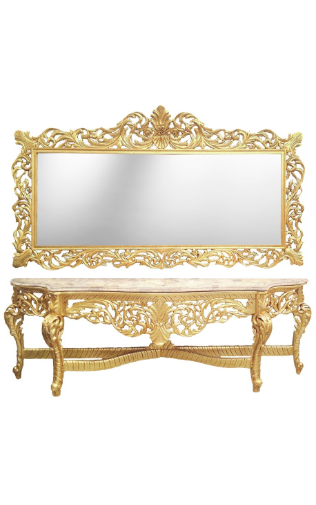 Erittäin suuri konsoli peilillä kullattua barokkipuuta ja beigeä marmoria