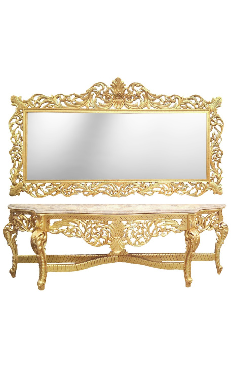 Enorme console avec miroir de style baroque en bois doré et marbre beige