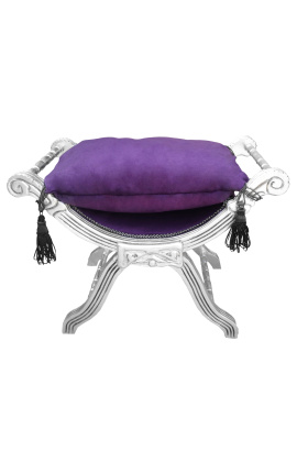 Roman bench (or Dagobert) purple fabric and silvered wood 