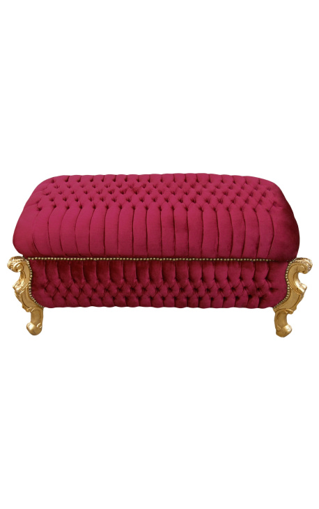Duży barokowy kufer na ławę w stylu Ludwika XV burgund (czerwony) aksamitna tkanina i złote drewno