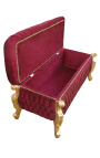 Grande banquette coffre baroque de style Louis XV tissu velours Bordeaux et bois doré