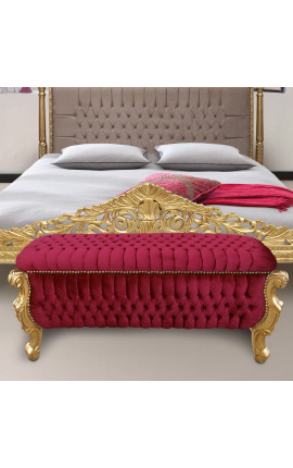Grande banco baú barroco em tecido de veludo Borgonha estilo Luís XV e madeira dourada