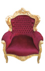 Grand fauteuil de style baroque tissu velours rouge bordeaux et bois doré