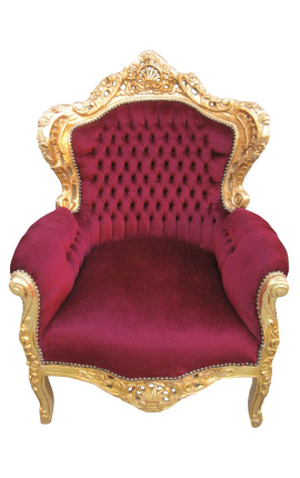 Didelis baroko stiliaus fotelis raudonas bordo aksomas ir aukso mediena