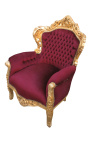 Grande poltrona in stile barocco in tessuto di velluto rosso bordeaux e legno dorato