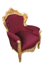 Poltrona grande estilo barroco em tecido de veludo vermelho bordô e madeira dourada