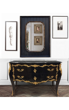 Grande cassettone barocco nero in stile Luigi XV, bronzi dorati e marmo nero