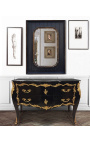 Gran cómoda barroca de cajones negro, bronces dorados, parte superior de mármol negro