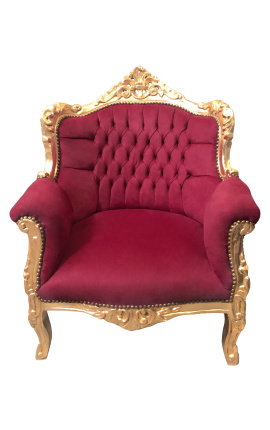 Sillón barroco "principesco" de terciopelo rojo Burdeos y madera dorada