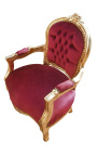 Barokfauteuil voor kind bordeaux rood fluweel en goud hout