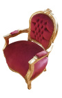 Fotel w stylu barokowym dla dziecka bordowy czerwony aksamit i złote drewno