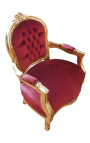 Barokfauteuil voor kind bordeaux rood fluweel en goud hout