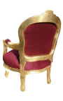 Barokfauteuil voor kind bordeaux rood fluweel en goud hout