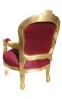 Fotel w stylu barokowym dla dziecka bordowy czerwony aksamit i złote drewno