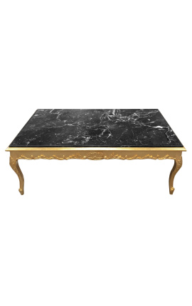 Grande mesa de centro estilo barroco em madeira dourada e mármore preto