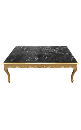 Mesa de café grande de estilo barroco de madera dorada y mármol negro