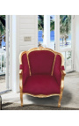 Duży fotel bergere w stylu Ludwika XV czerwony burgundowy aksamit i złote drewno