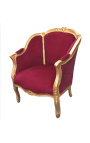 Grande bergère de style Louis XV tissu velours bordeaux et bois doré
