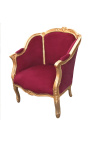 Grande bergère louis XV tessuto di velluto bordeaux e legno dorato