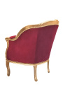 Grote bergere fauteuil Louis XV-stijl rood Bourgondisch fluweel en goud hout