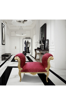 Banquette baroque de style Louis XV tissu satiné rouge et bois doré
