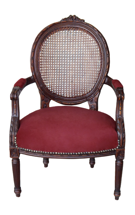 Fauteuil Louis XVI de style baroque canné, velours bordeaux et bois acajou