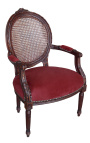 Fauteuil Louis XVI de style baroque canné, velours bordeaux et bois acajou