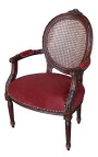 Armchair Louis XVI caned style burgundy velvet and mahogany wood color