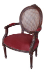 Fauteuil Louis XVI de style baroque canné, velours bordeaux et bois acajou