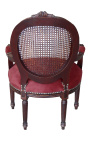 Armchair Louis XVI caned style burgundy velvet and mahogany wood color