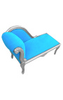 Chaise longue in stile Luigi XV in velluto blu turchese e legno argentato