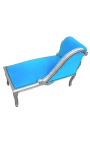 Chaise longue in stile Luigi XV in velluto blu turchese e legno argentato