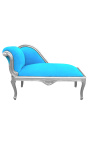 Chaise longue in stile Luigi XV in velluto blu turchese e legno argentato