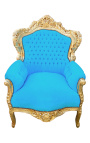 Gran sillón de estilo barroco terciopelo turquesa y madera de oro
