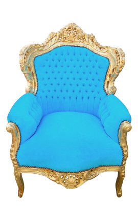 Grande poltrona in stile barocco in tessuto di velluto blu turchese e legno dorato