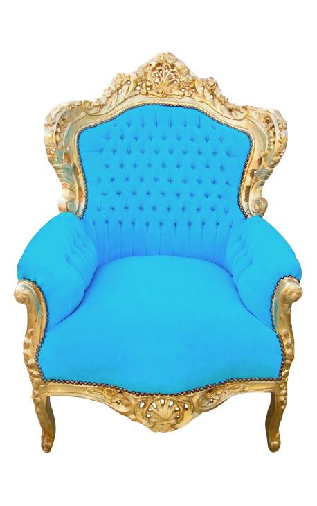 Grand fauteuil de style baroque tissu velours bleu turquoise et bois doré