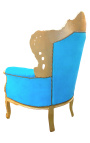 Grand fauteuil de style baroque tissu velours bleu turquoise et bois doré