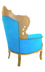 Grand fauteuil de style baroque tissu velours bleu turquoise et bois doré